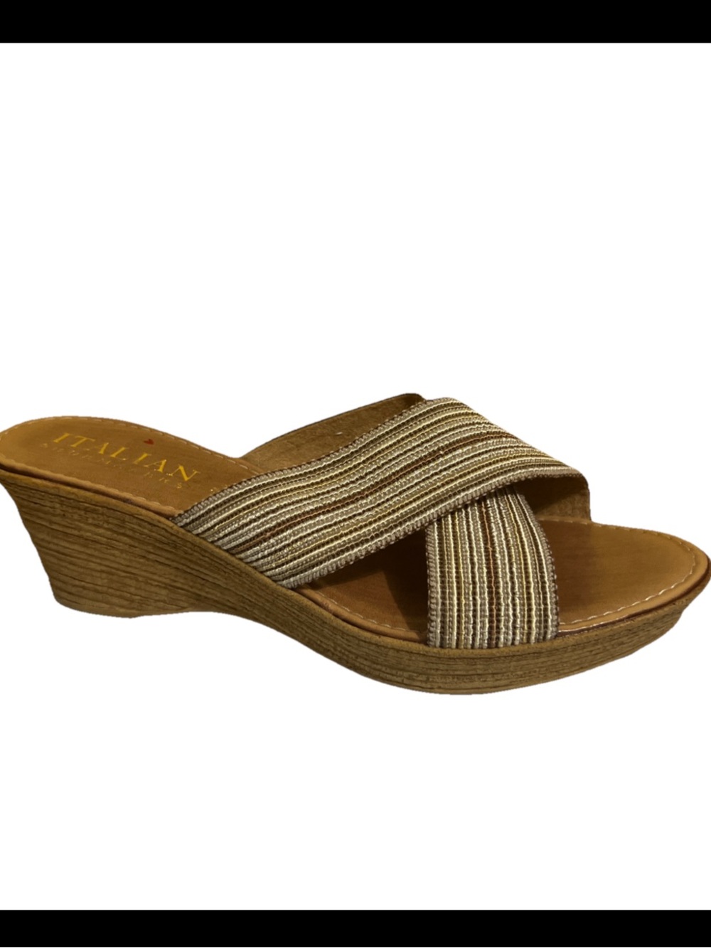 Italian Shoemakers Tan Cork Wedge Slide Striped Gold and Beige Stretchy  9